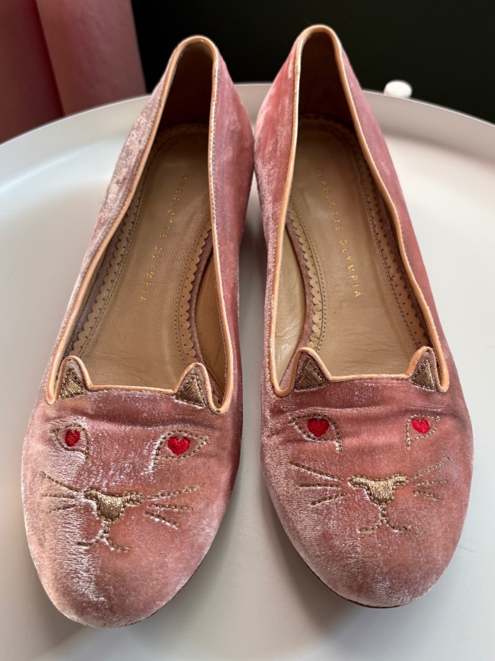 Charlotte Olympia Pink Velvet Lovestruck Kitty Flats - 39